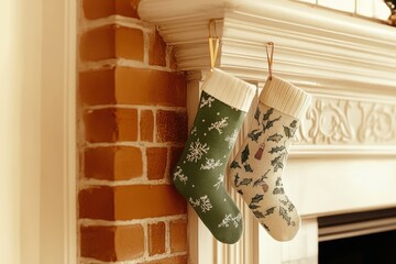 Minimalistic christmas stockings hanging by fireplace - holiday décor design