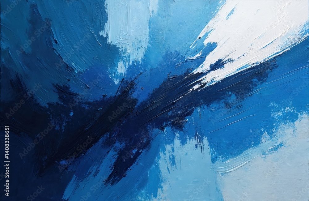 Poster abstract oil painting with dynamic brushstrokes in various shades of blue. textured art with mix of 