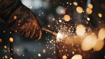 Builder using a welding torch at a construction site. Featuring skill and focus
