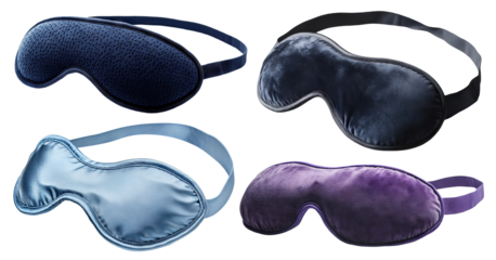 Set of soft sleeping eye masks in different colors, isolated on transparent cutout background