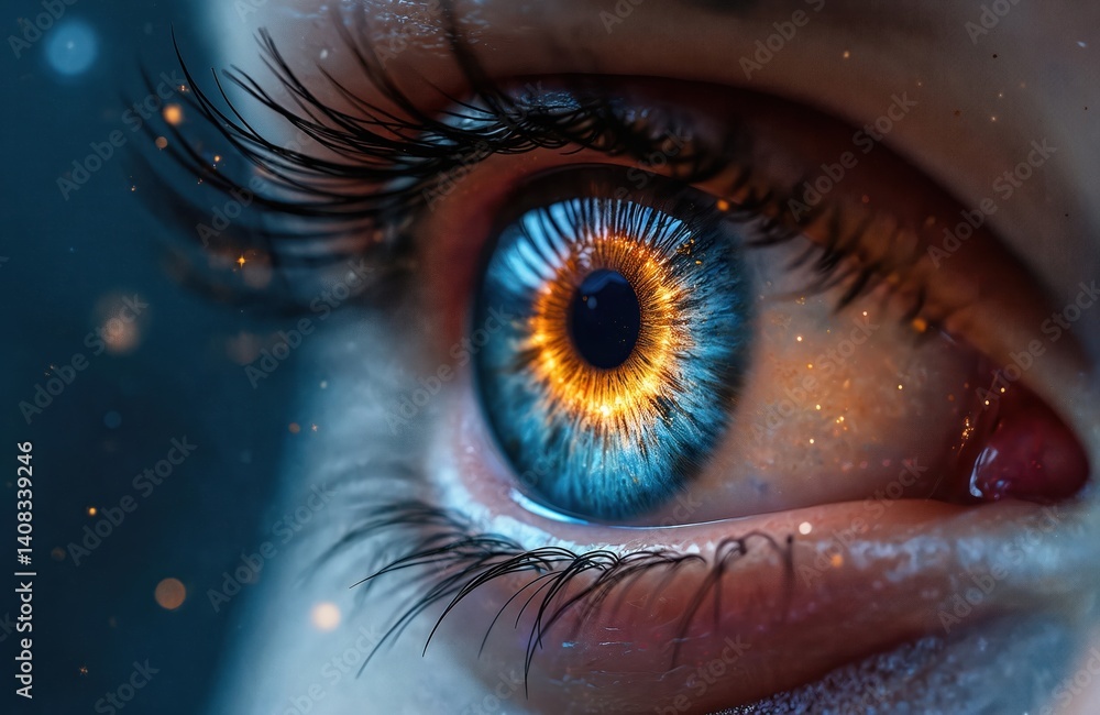 Poster futuristic art shows a galaxy within an eye. cosmic universe view with beautiful blue and golden col