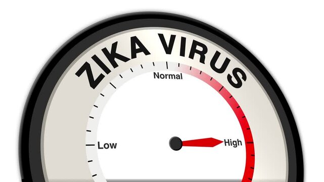 Zika virus text with a barometer or tachometer-style gauge, illustrating varying levels of severity and impact on health, including risks during pregnancy