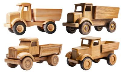 Set of handmade wooden truck toys, isolated on transparent cutout background