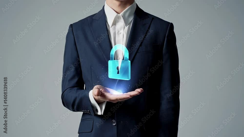 Poster cybersecurity concept featuring a businessman presenting a holographic digital padlock, symbolizing 