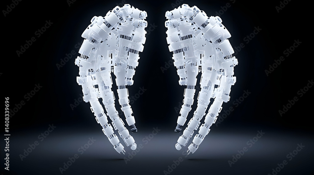 Poster digital render of abstract white wings on dark background with glowing light display