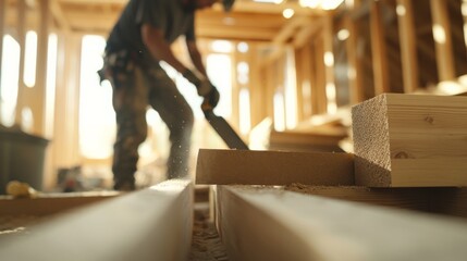 A construction worker cutting lumber for a home building project at a site. Featuring carpentry and precision