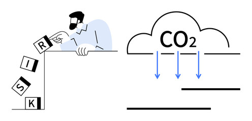 Man stacking risk blocks near edge of cliff while CO2 cloud with arrows points downward. Ideal for climate, sustainability, decision-making, environmental impact, mitigation, carbon footprint, risk