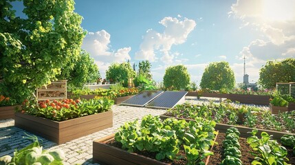 Urban rooftop garden flourishing under bright sunshine, showcasing sustainable gardening practices and renewable energy sources