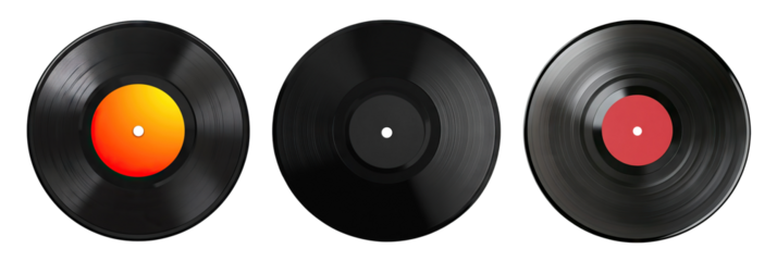 Set of classic black vinyl records, isolated on transparent cutout background