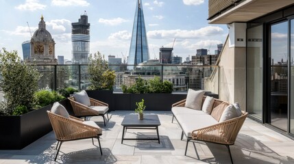Fototapeta premium Rooftop lounge area in London features stunning views of modern skyline and historical architecture on a sunny day