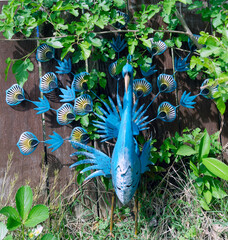 Metal peacock ornament in shrubbery.