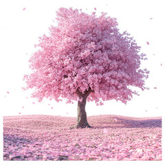 Obraz premium Cherry Blossom Tree in Full Bloom: A vibrant cherry blossom tree stands in full bloom, its branches laden with delicate pink petals. Petals cascade to the ground, creating a sea of pink.