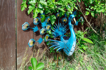 Metal peacock ornament in shrubbery.