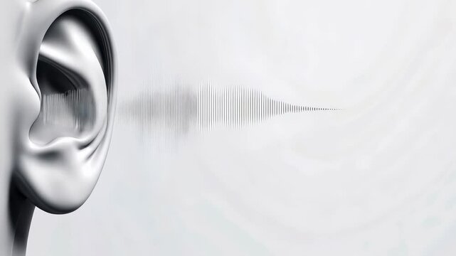 Anatomical visualization of sound wave transmission through human ear structure, depicting complex auditory perception mechanism against pristine white background with precise scientific rendering