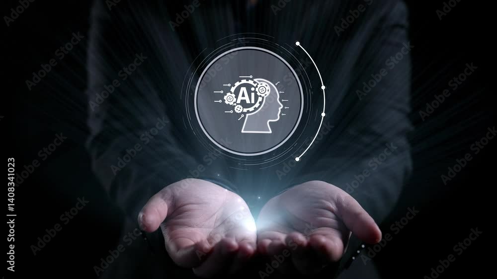 Poster human interact with ai artificial intelligence brain processor in concept of ai artificial intellige