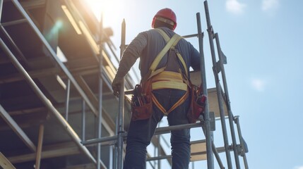 Builder working on scaffolding at a construction site. Featuring strength and skill