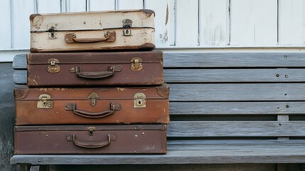 A stack of vintage suitcases with leather straps, placed beside a weathered bench 