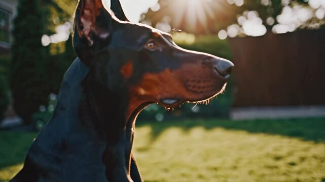 Doberman on a Green Lawn