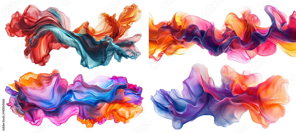 Poster set of abstract colorful waves of flowing shapes, isolated on transparent cutout background