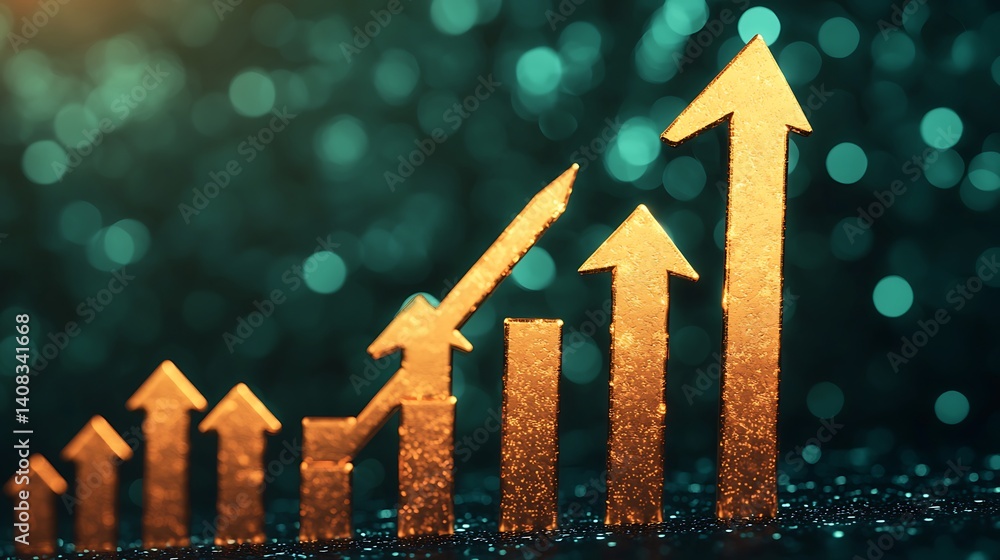 Poster rising golden arrows displaying development and progress on a dark turquoise background with bokeh e