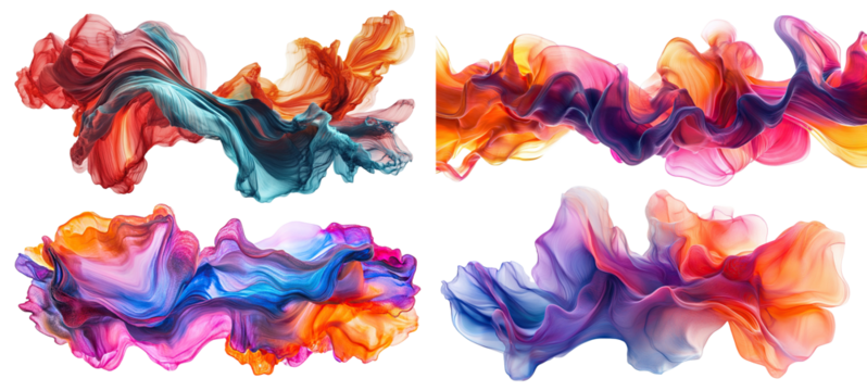 Set of abstract colorful waves of flowing shapes, isolated on transparent cutout background