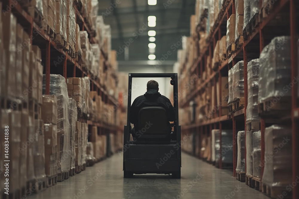 Poster worker operates a forklift navigating through a busy warehouse filled with stacked pallets during da