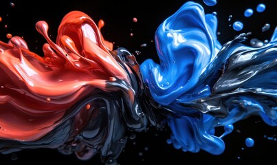 Abstract paint splash, red, blue, black collision, dark background, design element