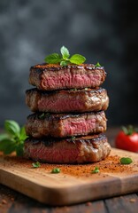 Stack of juicy grilled steaks with herbs on wooden board. Cooked to perfection, varying levels of doneness. Culinary photo showcases quality food. Gourmet dinner idea.