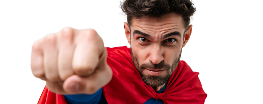 Superhero Caucasian man doing a strong gesture on an isolated white background
