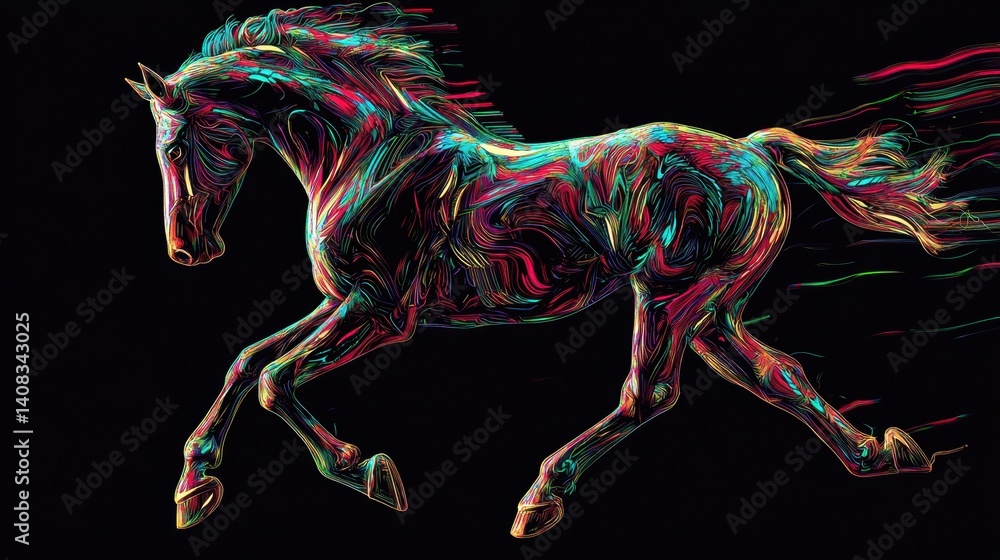 Poster colorful abstract representation of a galloping horse captured in a vibrant, dynamic motion display 