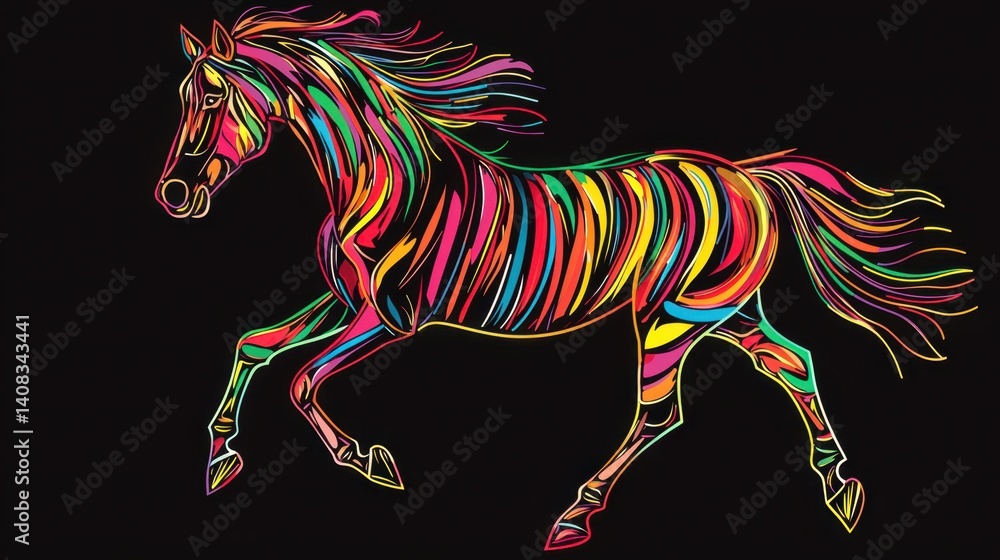 Poster vibrant horse running against a dark background showcasing a burst of colorful patterns and artistic