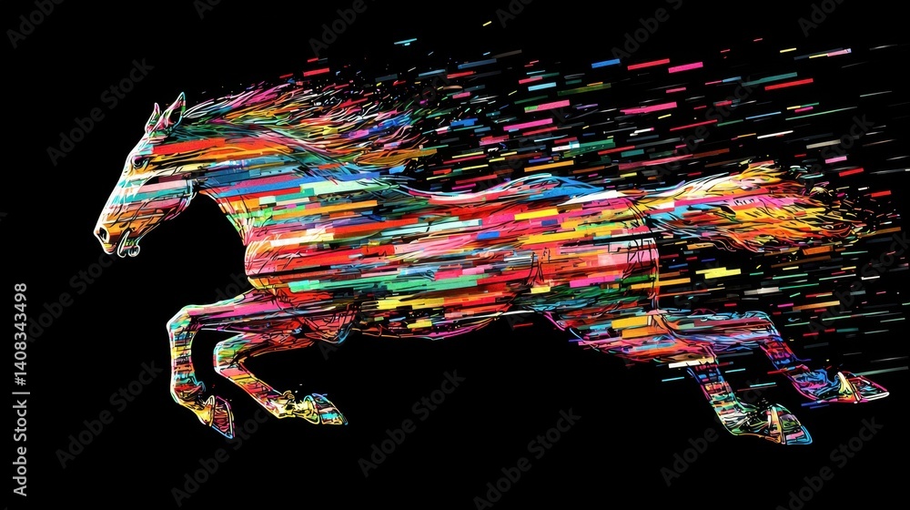 Poster colorful horse in motion creating an energetic display of art and speed against a dark background