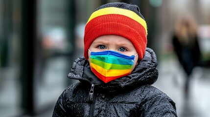 Child wearing colorful surgical mask to prevent viral transmission.