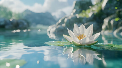 Serene white lotus flower floats on tranquil mountain lake.