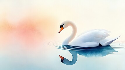 Obraz premium White Swan Floating on Water Next to Pink and Blue Sky