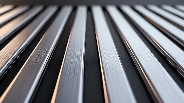 Sleek Metal Ribs with Black Background: Abstract Design Featuring Parallel Lines and Subtle Metallic Reflections for Modern Visuals.