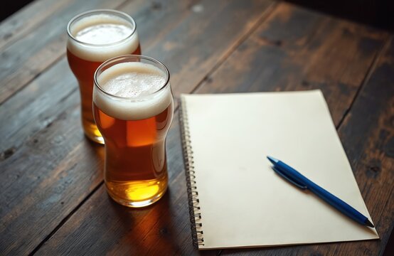 Two glasses of beer, notebook with pen on dark wooden table. Pub quiz concept. Beer glasses with blank paper for answers. Game time, fun at bar, team quiz at night.
