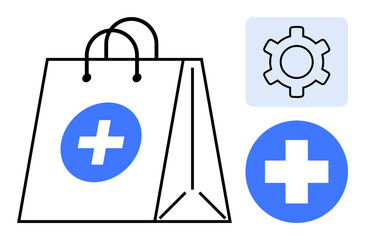 Paper shopping bag with medical cross, blue circle icon, and gear symbol. Ideal for healthcare, e-commerce, logistics, technology, pharmacy, innovation simple landing page