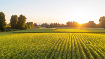Obraz premium Aerial view revealing agricultural fields glowing under golden sunlight, showcasing rural farming landscape from high perspective