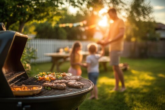 Family enjoying a summer barbecue in the backyard, grilling meat and vegetables.