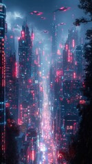Obraz premium A futuristic city bathed in neon red and blue illumination