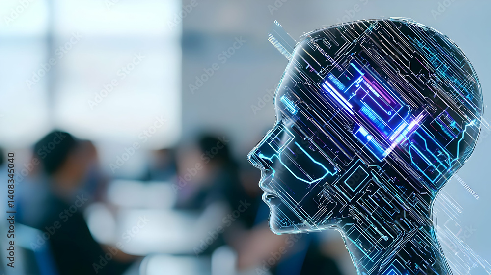 Poster abstract digital human head with circuitry pattern over blurred office meeting background representi
