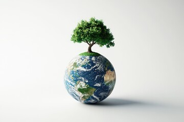 A lush green tree stands atop a detailed Earth globe, symbolizing environmental preservation and ecological balance.