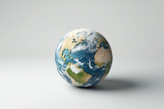 A detailed 3D render of planet Earth, showcasing continents, oceans, and clouds against a neutral background.
