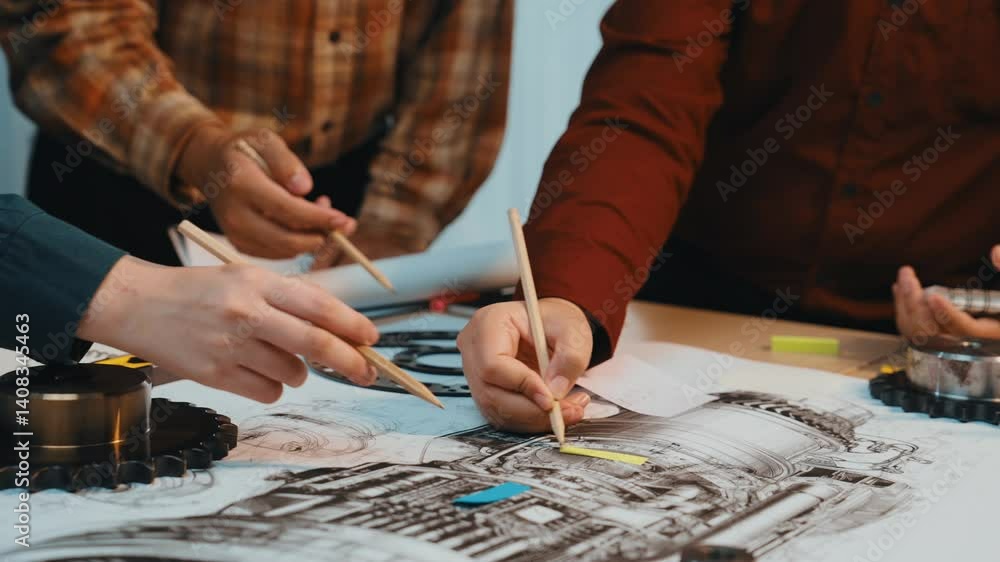 Poster a group of engineers collaborating on a mechanical design project, using technical drawings, gears, 