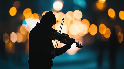 Fototapeta premium Night Serenade: A Violinist's Silhouette Against City Lights