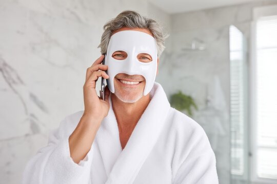 Smiling man wearing led therapy face mask and using phone in bathroom