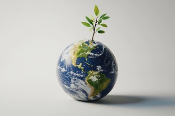A small plant sprouts from an egg-shaped Earth, symbolizing new growth and environmental hope.
