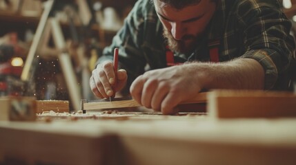 Carpenter assembling a custom wooden shelf in a workshop. Featuring precision and craftsmanship