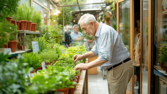 Senior gardener pruning small plants in terracotta pots inside a greenhouse, surrounded by lush greenery, with soft natural sunlight streaming in - Powered by Adobe